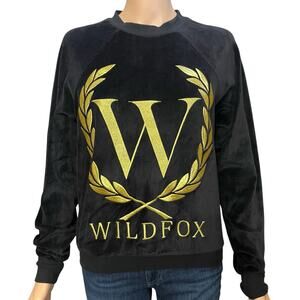 Wildfox White Label Logo Embroidered Velour Sweatshirt Small Black Gold Rare